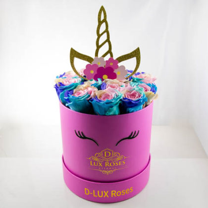 Medium Unicorn Box of Preserved Roses that last One year from Dlux Roses Florist Located in Dallas Texas. Customizable Rose Colors ready for same day delivery. Maintenance free Eternity Roses, no watering needed.