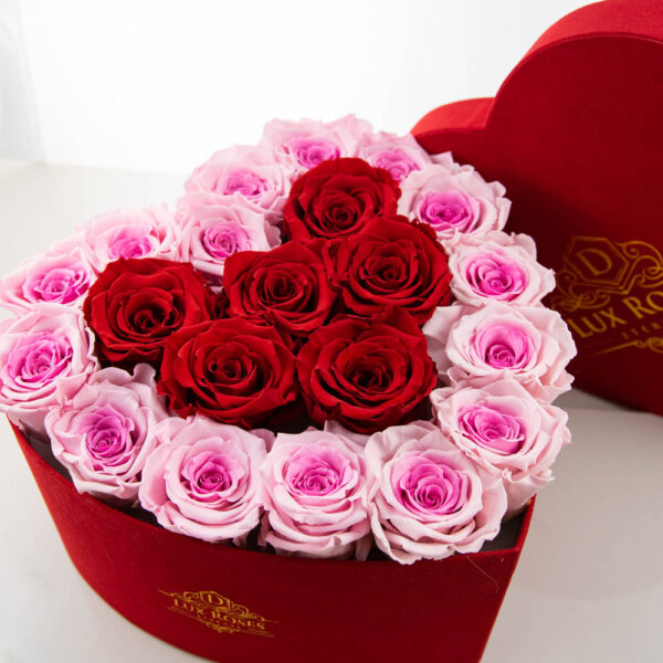 Velvet Heart shaped box of Preserved Roses that last One year from Dlux Roses Florist Located in Dallas Texas. Customizable Rose Colors ready for same day delivery. Maintenance free Eternity Roses, no watering needed.