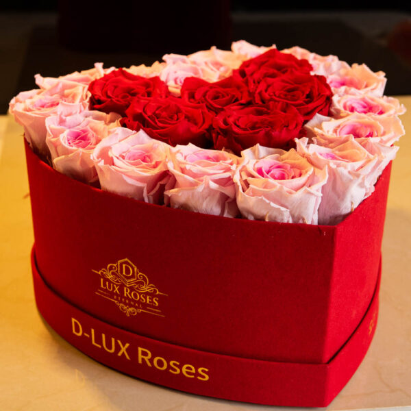 Velvet Heart shaped box of Preserved Roses that last One year from Dlux Roses Florist Located in Dallas Texas. Customizable Rose Colors ready for same day delivery. Maintenance free Eternity Roses, no watering needed.