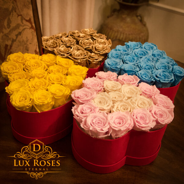 Velvet Heart shaped box of Preserved Roses that last One year from Dlux Roses Florist Located in Dallas Texas. Customizable Rose Colors ready for same day delivery. Maintenance free Eternity Roses, no watering needed.