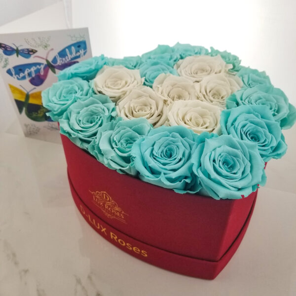 Velvet Heart shaped box of Preserved Roses that last One year from Dlux Roses Florist Located in Dallas Texas. Customizable Rose Colors ready for same day delivery. Maintenance free Eternity Roses, no watering needed.